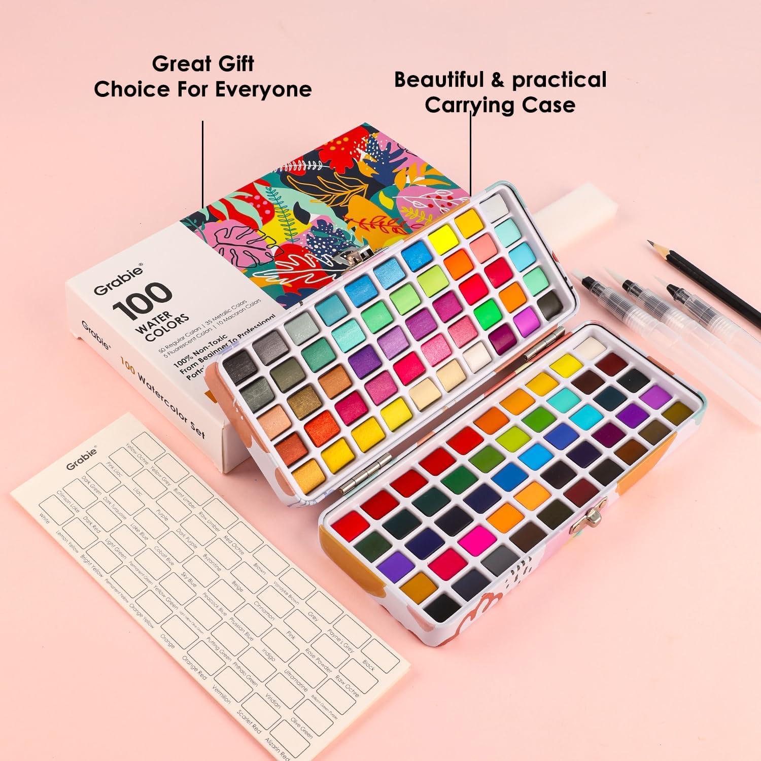 imageGrabie 50 Colors Watercolor Paint Set Detail Paint Brush Included Watercolor Paints Painting Sets Art Supplies for Painting Travel Watercolor Set Amateur Hobbyists100 Colors
