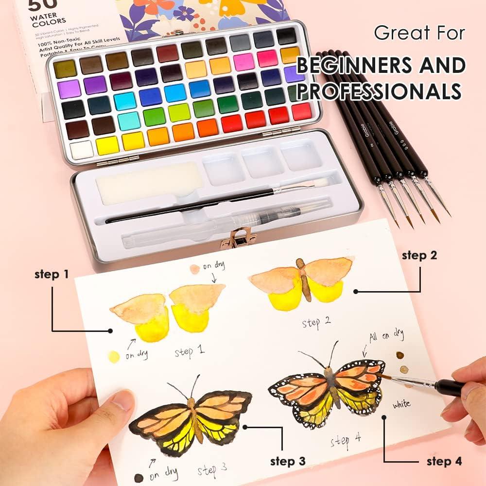 imageGrabie 50 Colors Watercolor Paint Set Detail Paint Brush Included Watercolor Paints Painting Sets Art Supplies for Painting Travel Watercolor Set Amateur Hobbyists50 Colors