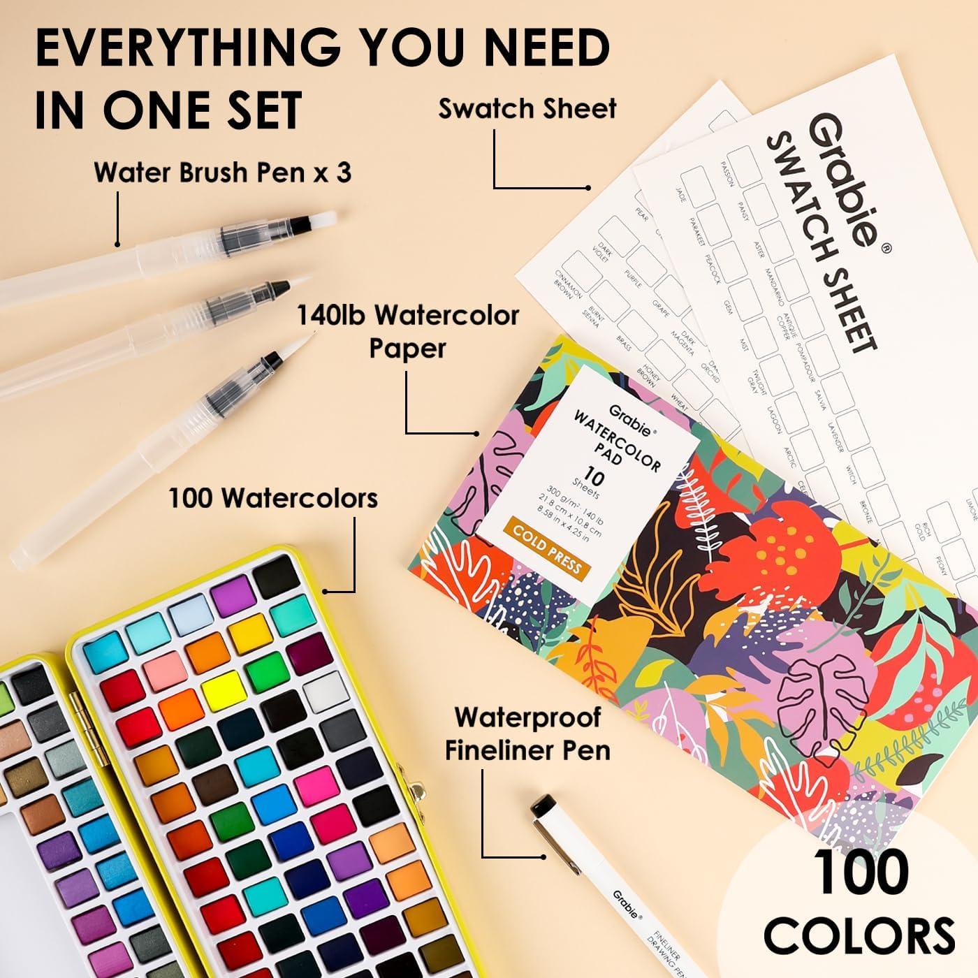 imageGrabie 50 Colors Watercolor Paint Set Detail Paint Brush Included Watercolor Paints Painting Sets Art Supplies for Painting Travel Watercolor Set Amateur Hobbyists100 ColorsPremium