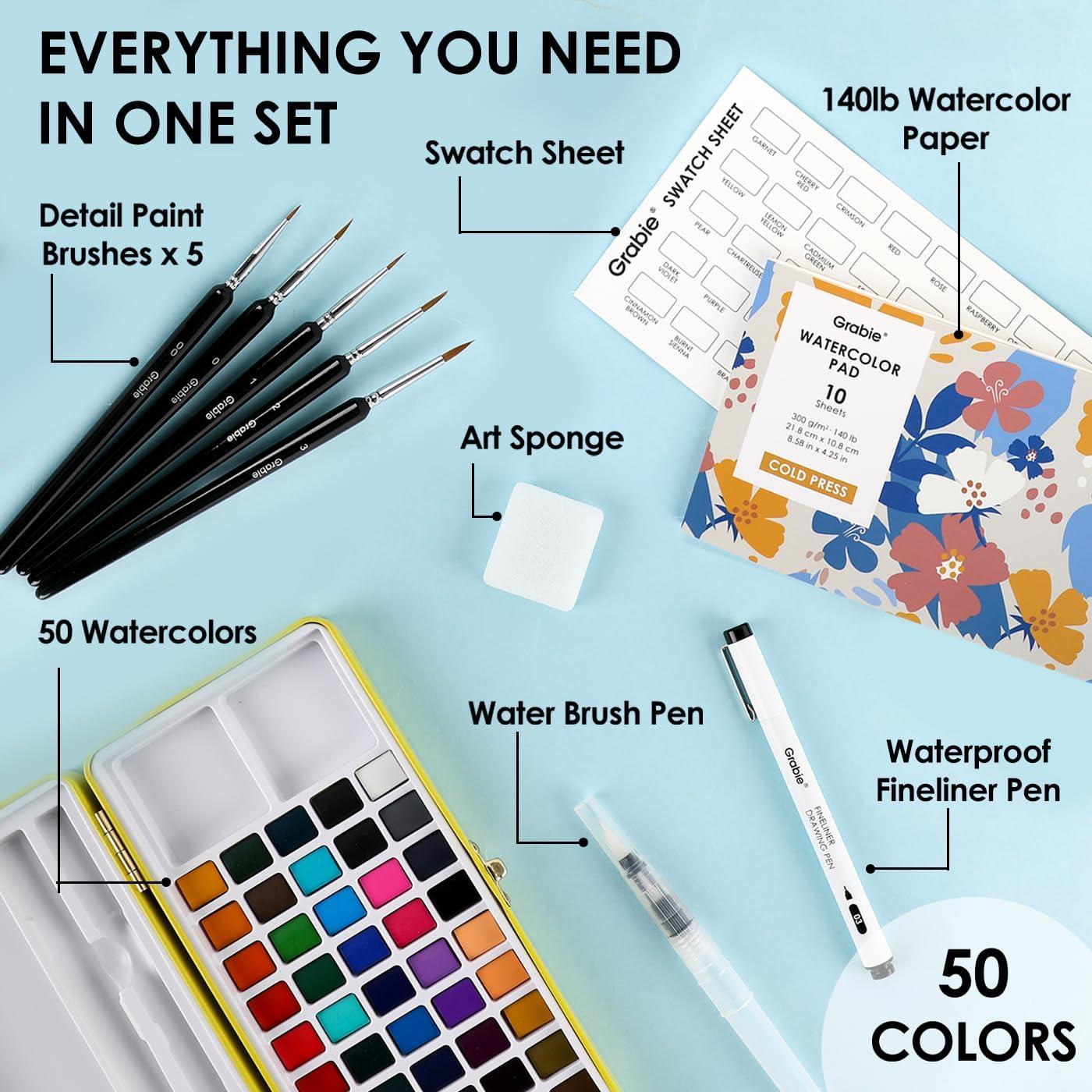 imageGrabie 50 Colors Watercolor Paint Set Detail Paint Brush Included Watercolor Paints Painting Sets Art Supplies for Painting Travel Watercolor Set Amateur Hobbyists50 ColorsPremium