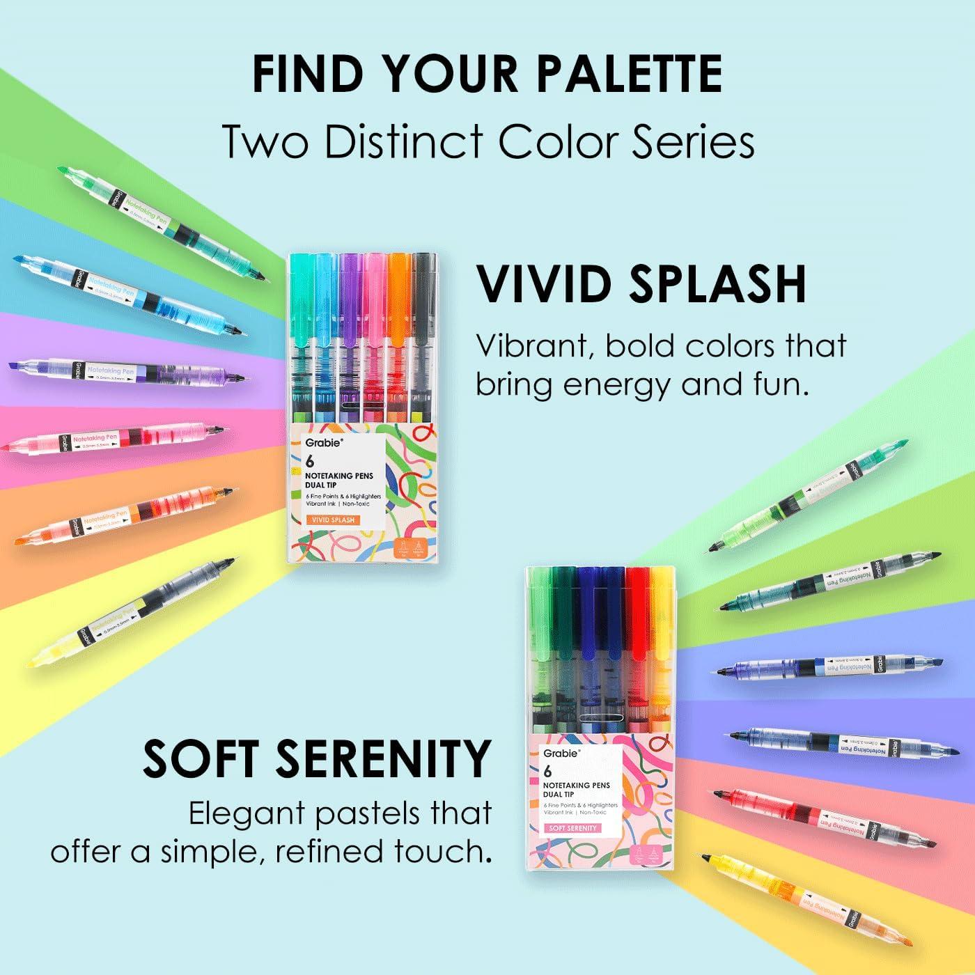 imageGrabie Dual Tip Notetaking Pens 35mm Chisel  05mm Needle Dual Tip Highlighter Markers for Journaling Colored Pens for Note Taking and Adult Coloring Books 2 value packVivid Splash
