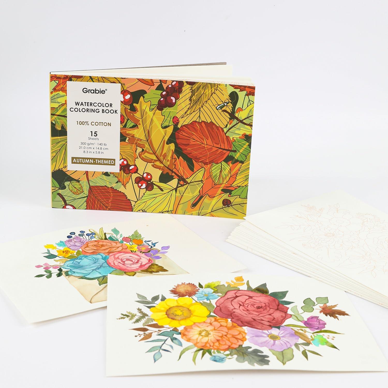 imageGrabie Watercolor Coloring Book 15 Sheets Art Pad A5 83 x 58 Cotton Watercolor Book for AdultsFloralAutumn