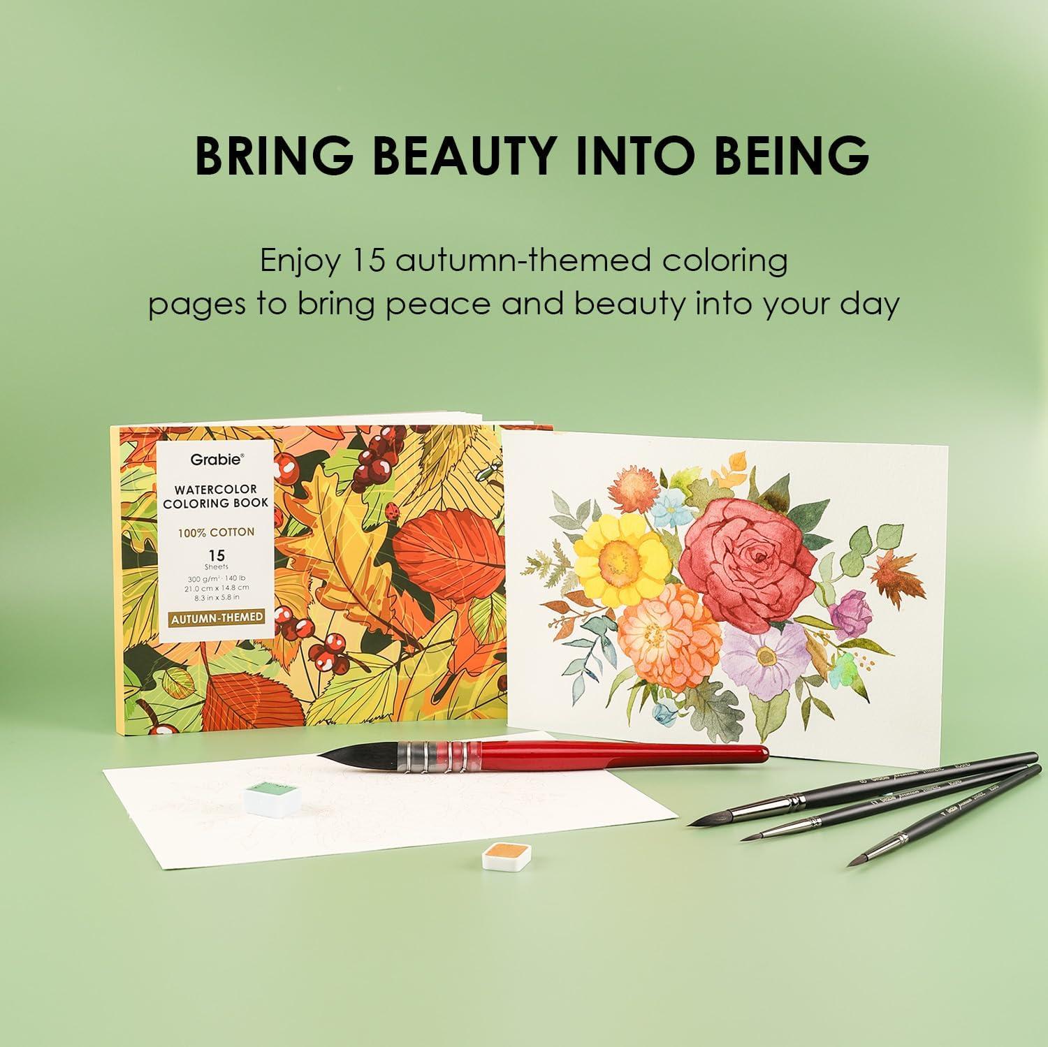 imageGrabie Watercolor Coloring Book 15 Sheets Art Pad A5 83 x 58 Cotton Watercolor Book for AdultsFloralAutumn