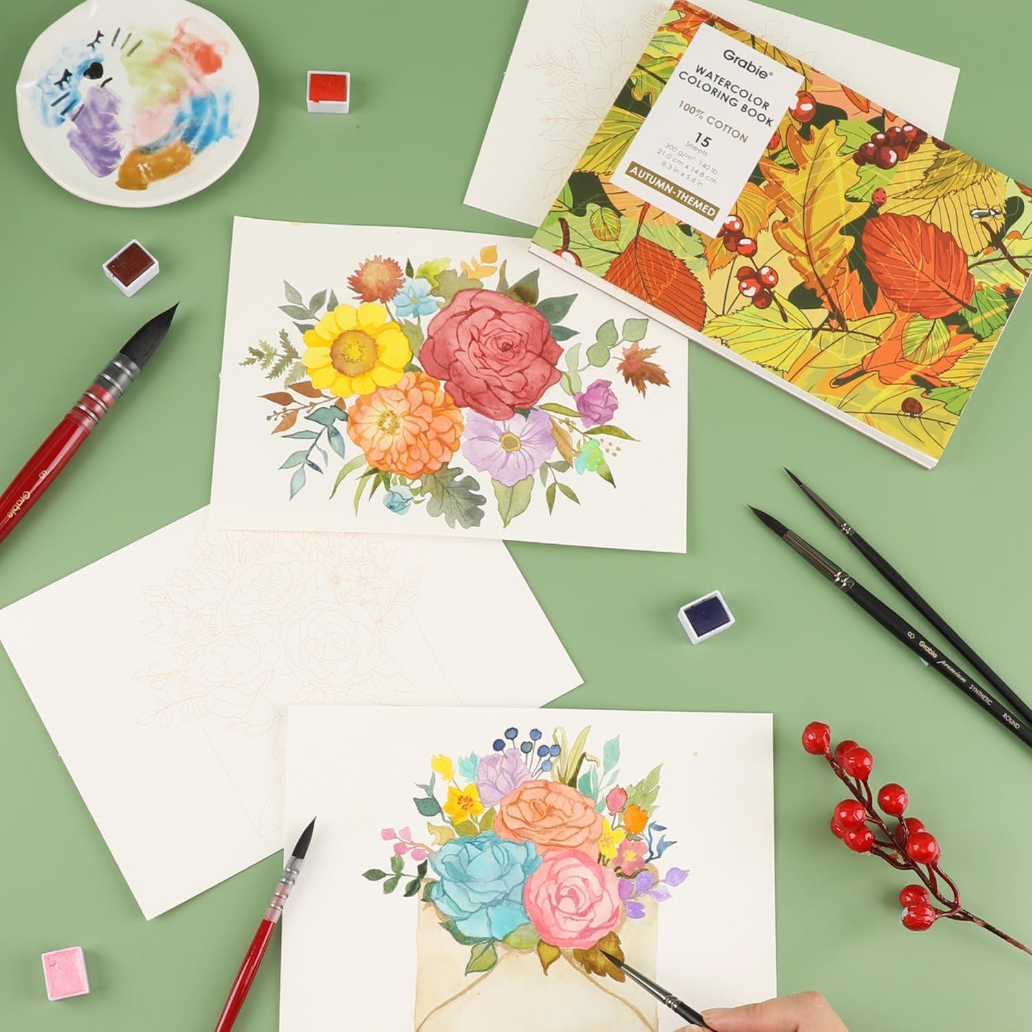 imageGrabie Watercolor Coloring Book 15 Sheets Art Pad A5 83 x 58 Cotton Watercolor Book for AdultsFloralAutumn