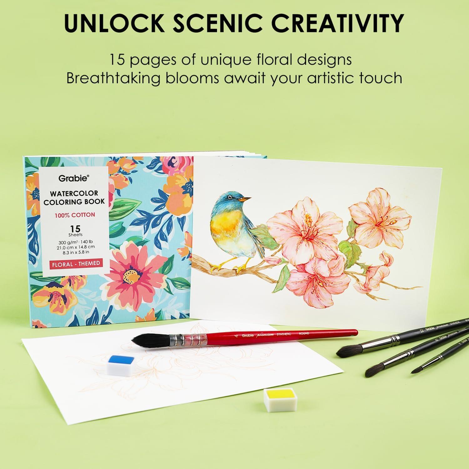 imageGrabie Watercolor Coloring Book 15 Sheets Art Pad A5 83 x 58 Cotton Watercolor Book for AdultsFloralFloral