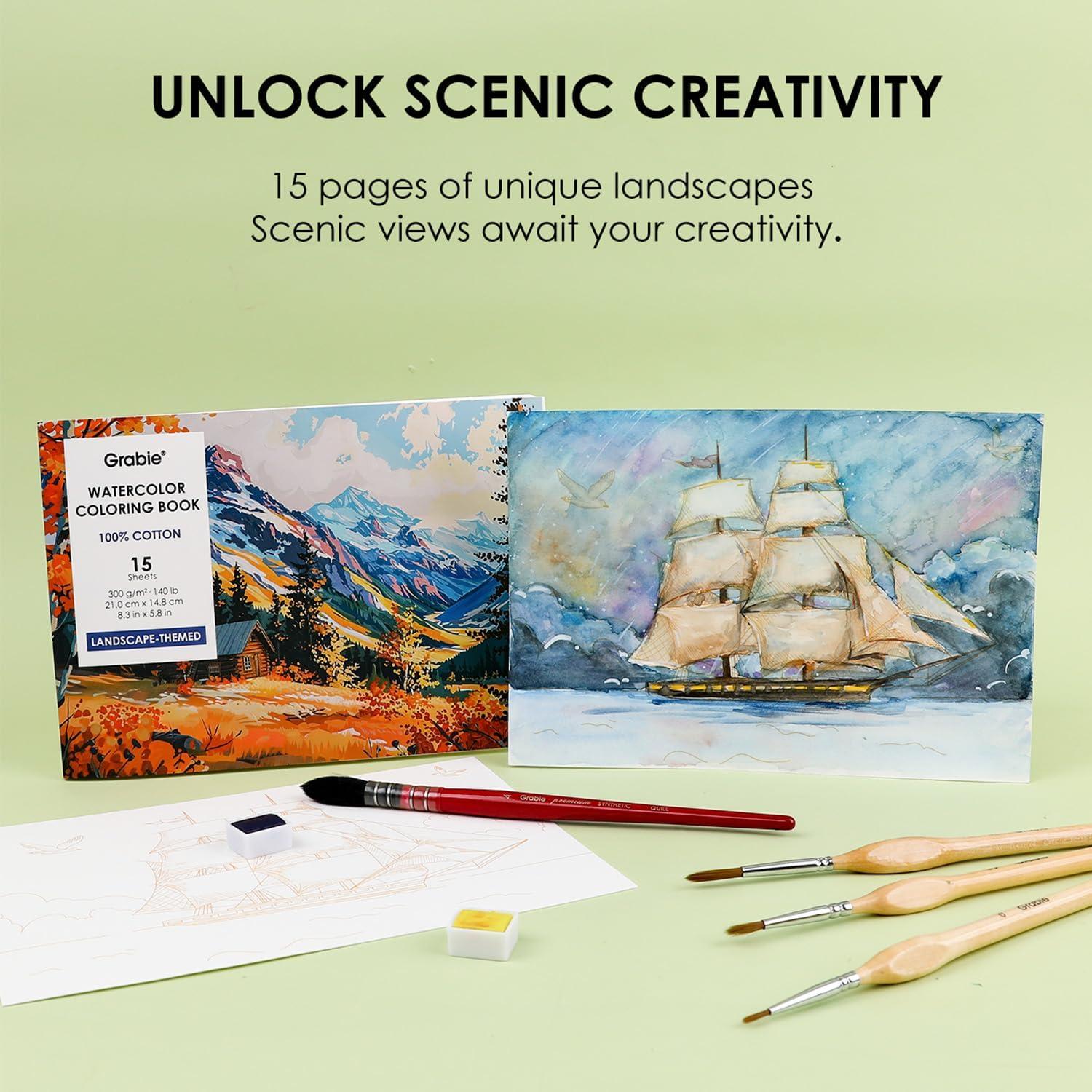 imageGrabie Watercolor Coloring Book 15 Sheets Art Pad A5 83 x 58 Cotton Watercolor Book for AdultsFloralLandscape