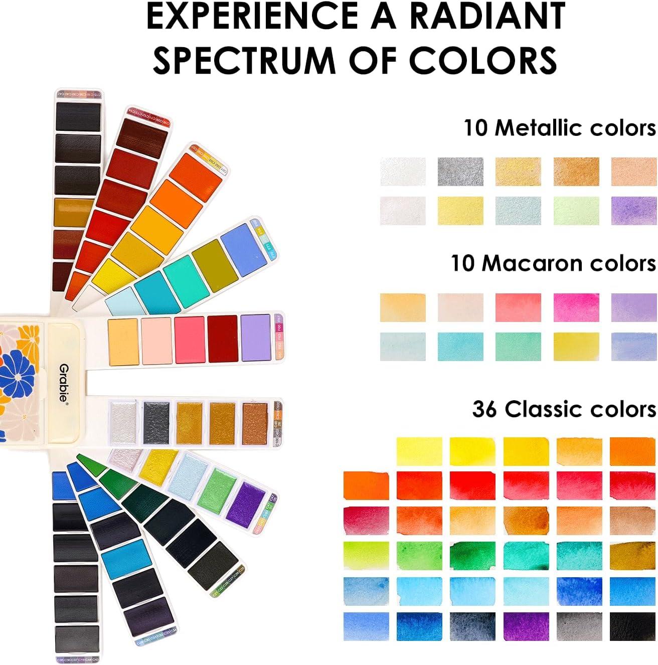 imageGrabie Watercolor Paint Set 56 Colors Handheld Watercolor Paint with Water Brush Pen Palette and Removable Sponge Portable Watercolor Set for Artist Beginner and Professional