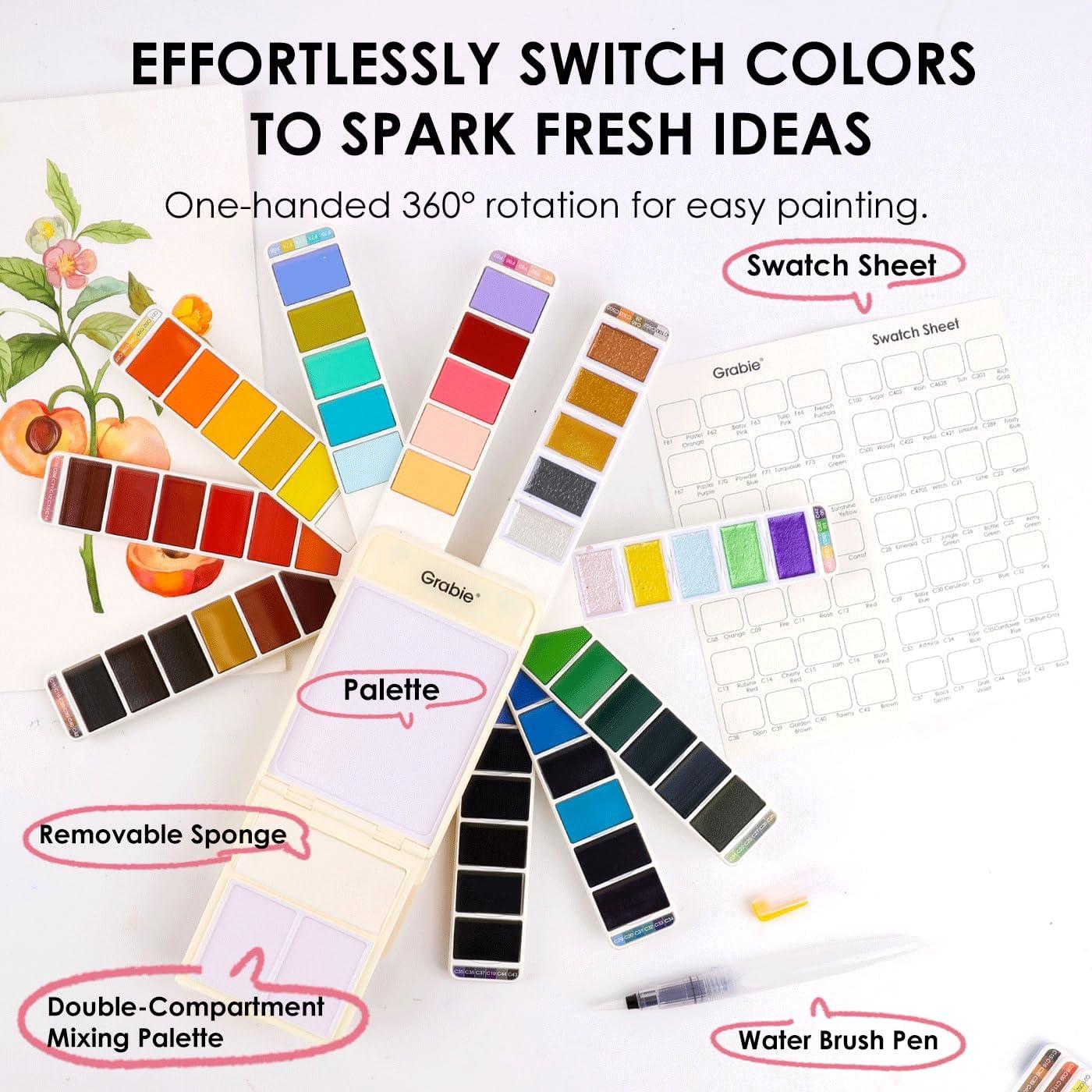 imageGrabie Watercolor Paint Set 56 Colors Handheld Watercolor Paint with Water Brush Pen Palette and Removable Sponge Portable Watercolor Set for Artist Beginner and Professional