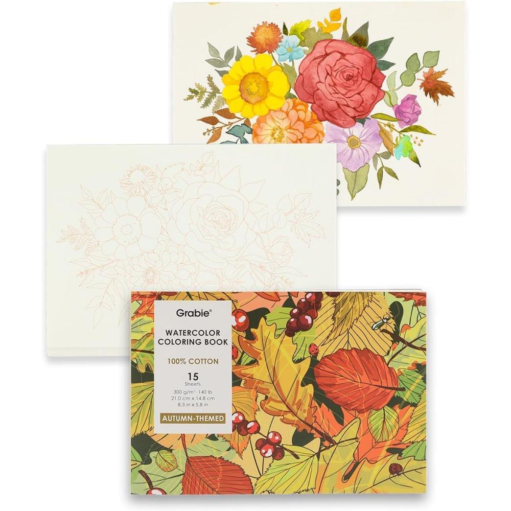 imageGrabie Watercolor Coloring Book 15 Sheets Art Pad A5 83 x 58 Cotton Watercolor Book for AdultsFloralAutumn