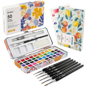 imageGrabie Watercolor Paint Set 50 Colors in Portable Box with Water Color Pallet Watercolor Papers and Brushes Ideal for Adults Artists and Hobbyists
