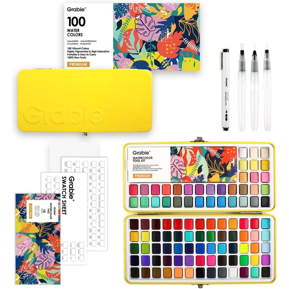 imageGrabie 50 Colors Watercolor Paint Set Detail Paint Brush Included Watercolor Paints Painting Sets Art Supplies for Painting Travel Watercolor Set Amateur Hobbyists100 ColorsPremium