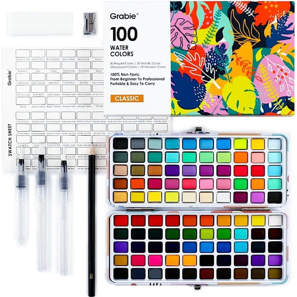 imageGrabie 50 Colors Watercolor Paint Set Detail Paint Brush Included Watercolor Paints Painting Sets Art Supplies for Painting Travel Watercolor Set Amateur Hobbyists100 Colors