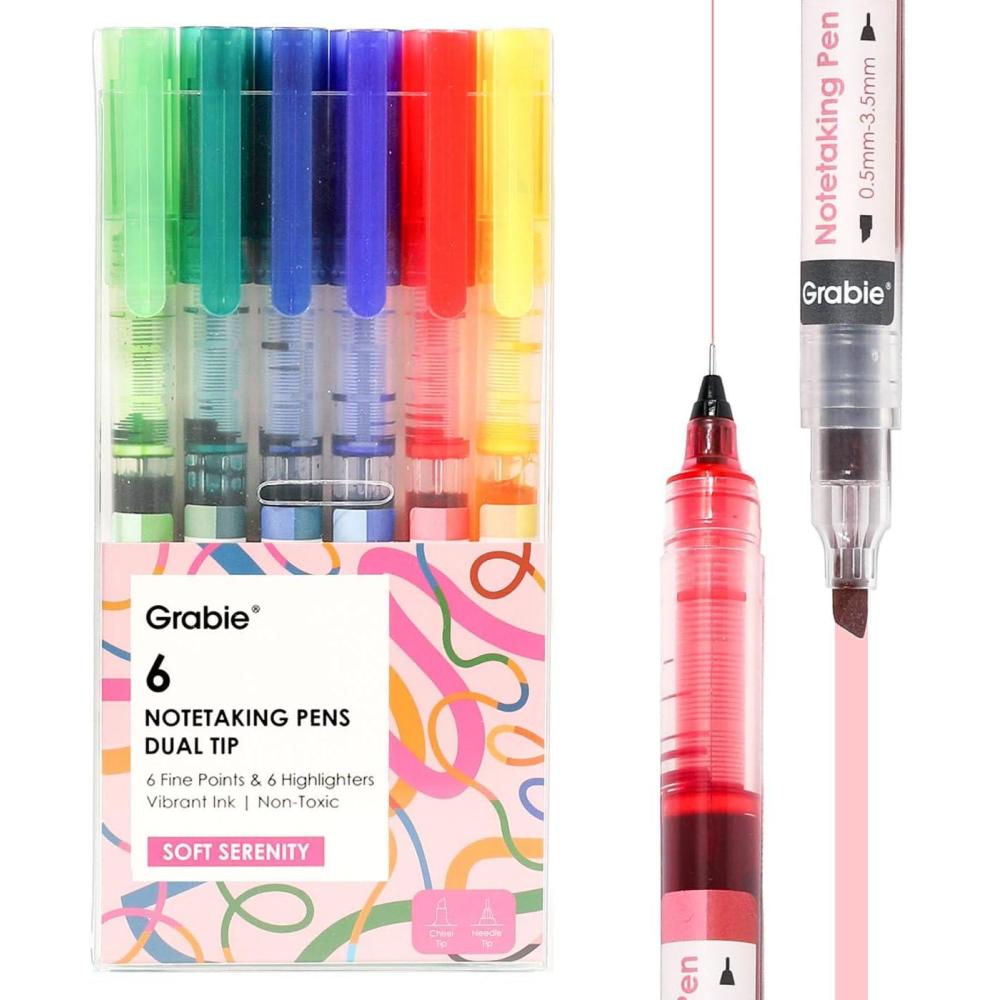 imageGrabie Dual Tip Notetaking Pens 35mm Chisel  05mm Needle Dual Tip Highlighter Markers for Journaling Colored Pens for Note Taking and Adult Coloring Books 2 value packSoft Serenity
