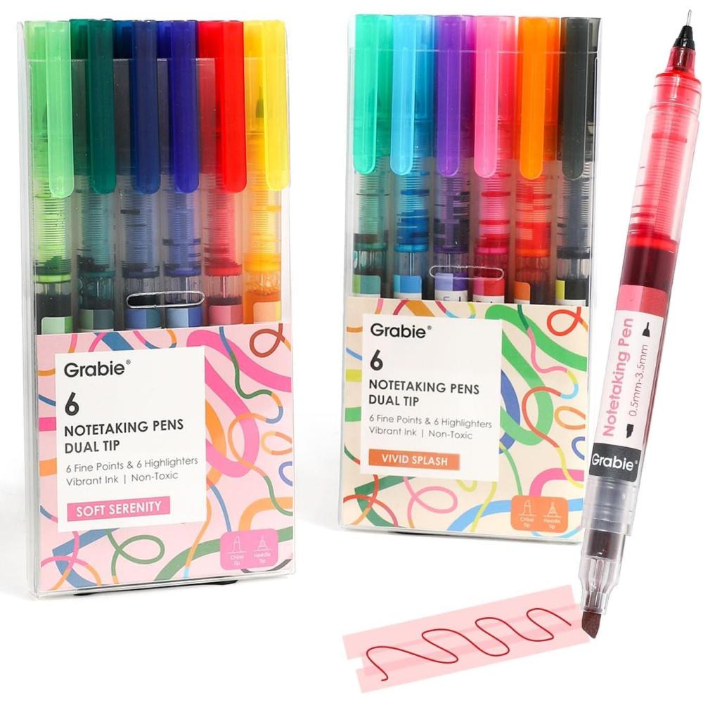 imageGrabie Dual Tip Notetaking Pens 35mm Chisel  05mm Needle Dual Tip Highlighter Markers for Journaling Colored Pens for Note Taking and Adult Coloring Books 2 value pack2 value pack