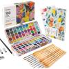 imageGrabie Watercolor Paint Set 100 Colors in Portable Box with Water Brush Pens Drawing Pencil Miniature Paint Brushes and Watercolor Papers Perfect Starter Kit for Painting