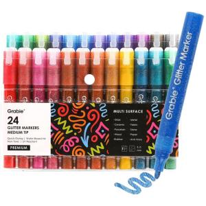 imageGrabie 16 Metallic Colors Dual Tip Glitter Markers Glitter Metallic Shimmer Marker Set of 8 Acrylic Paint Pens for Rock Painting Black Paper Wood Canvas Stone Glass Ceramic DIY Crafts MakingMulticolor