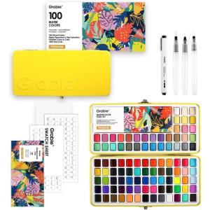 imageGrabie 50 Colors Watercolor Paint Set Detail Paint Brush Included Watercolor Paints Painting Sets Art Supplies for Painting Travel Watercolor Set Amateur Hobbyists100 ColorsPremium