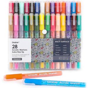 imageGrabie Black ampamp White Extra Fine Tip Acrylic Paint Marker Set 6 Pack 07mm Acrylic Paint Pens for Highlights and Fine Details on Drawings Rock Painting Glass Canvas Wood White Highlight Markers28 Colors Extra Fine Tip Acrylic Markers