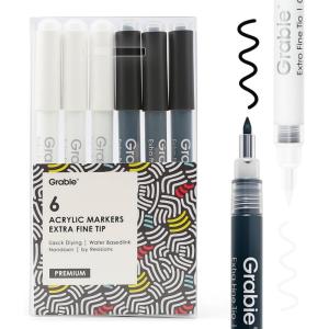 imageGrabie Black ampamp White Extra Fine Tip Acrylic Paint Marker Set 6 Pack 07mm Acrylic Paint Pens for Highlights and Fine Details on Drawings Rock Painting Glass Canvas Wood White Highlight MarkersBlack  White