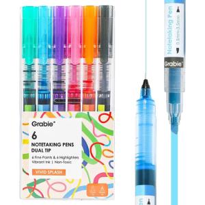 imageGrabie Dual Tip Notetaking Pens 35mm Chisel  05mm Needle Dual Tip Highlighter Markers for Journaling Colored Pens for Note Taking and Adult Coloring Books 2 value packVivid Splash