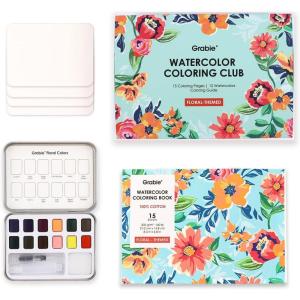 imageGrabie LandscapeThemed Watercolor Coloring Club Box including 12 Landscape Type Pocket Set and 15 sheets 140LB Watercolor Coloring Book Water Colors Paint Adult SetFloral