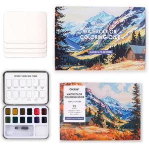 imageGrabie LandscapeThemed Watercolor Coloring Club Box including 12 Landscape Type Pocket Set and 15 sheets 140LB Watercolor Coloring Book Water Colors Paint Adult SetLandscapeThemed