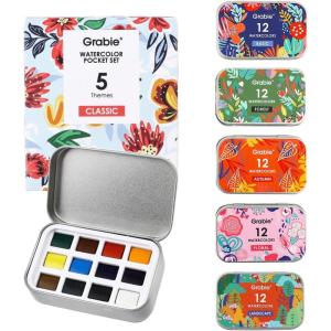 imageGrabie Pocket Watercolor Set60 Colors Travel Watercolor Paint Bulk Art Supplies for Painting Great Watercolor Set for Artists Amateur Hobbyists and Painting5 Sets Value Bundle
