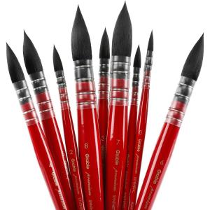 imageGrabie Professional Watercolor Paint Brushes 9 Pcs Synthetic Squirrel Hair Mop Paintbrushes Art Supplies for Painting Great Watercolor Brushes for Artists Amateur Hobbyists and Painting LoversRed