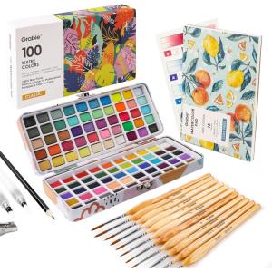 imageGrabie Watercolor Paint Set 100 Colors in Portable Box with Water Brush Pens Drawing Pencil Miniature Paint Brushes and Watercolor Papers Perfect Starter Kit for Painting