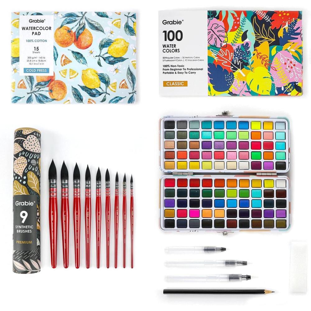 imageGrabie Watercolor Paint Set 100 Colors in Portable Box with Water Brush Pens Drawing Pencil 9pcs Professional Watercolor Brushes and B5 Watercolor Papers Perfect Starter Kit for Painting