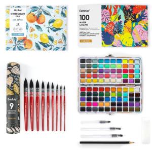 imageGrabie Watercolor Paint Set 100 Colors in Portable Box with Water Brush Pens Drawing Pencil 9pcs Professional Watercolor Brushes and B5 Watercolor Papers Perfect Starter Kit for Painting