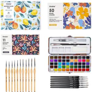 imageGrabie Watercolor Paint Set 50 Colors in Portable Box with Water Brush Pens Drawing Pencil 11 Miniature Paint Brushes and B5 Watercolor Papers Perfect Starter Kit for Painting