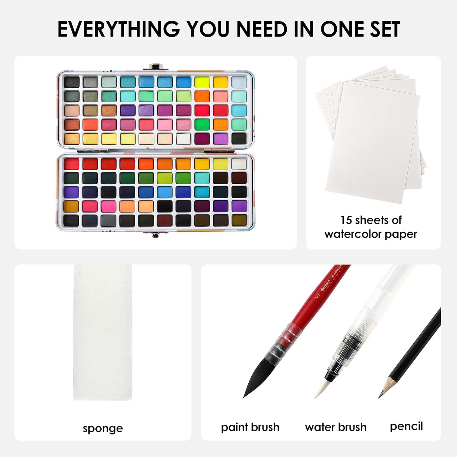 imageGrabie Watercolor Paint Set 100 Colors in Portable Box with Water Brush Pens Drawing Pencil Professional Watercolor Brushes and Watercolor Papers Perfect Starter Kit for Painting