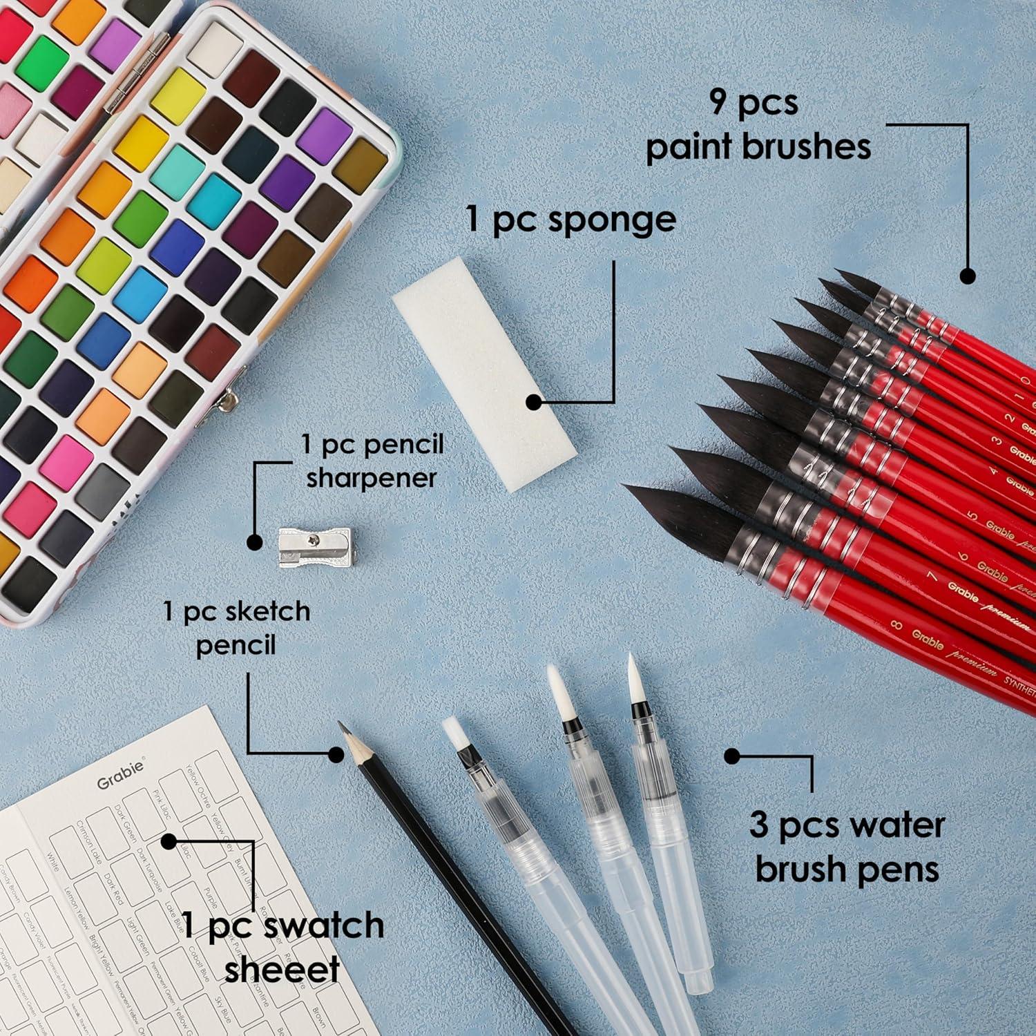 imageGrabie Watercolor Paint Set 100 Colors in Portable Box with Water Brush Pens Drawing Pencil Professional Watercolor Brushes and Watercolor Papers Perfect Starter Kit for Painting