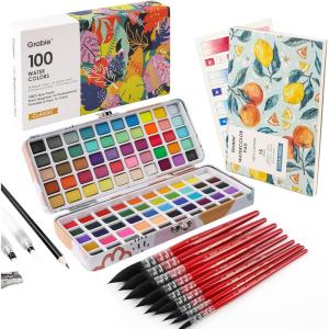 imageGrabie Watercolor Paint Set 100 Colors in Portable Box with Water Brush Pens Drawing Pencil Professional Watercolor Brushes and Watercolor Papers Perfect Starter Kit for Painting