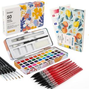 imageWatercolor Paint Set 50 Colors in Portable Box with Water Color Pallet Professional Watercolor Brushes and Watercolor Papers Ideal for Adults Artists and Hobbyists