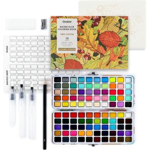 imageGrabie Watercolor Paint Set 100 Colors in Portable Box with Water Color Pallet Autumn Watercolor Papers and Brushes Ideal for Adults Artists and Hobbyists