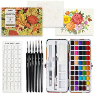 imageGrabie Watercolor Paint Set 50 Colors in Portable Box with Water Color Pallet Autumn Watercolor Papers and Brushes Ideal for Adults Artists and Hobbyists