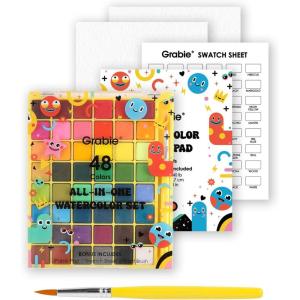 imageGrabie Mini Watercolor Set 48 Colors with Brush Paper Pad and Swatch Sheet Travel Watercolors Painting Kit for Beginners