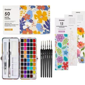 imageGrabie 50 Colors Watercolor Paint Set with 12 Monthly Paintable Bookmarks