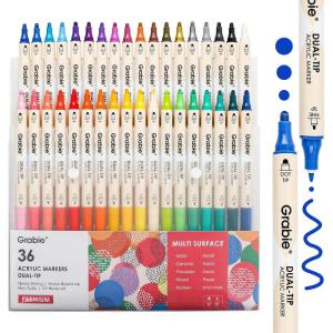 imageGrabie 24 Colors Paint Markers Acrylic Paint Pens with 12 DualColor Brush Tips Dual Tone Acrylic Markers for Rocks Acrylic Paint Markers for Art Supplies 24 Dual Tone Colors36 Colors Dot Dual Tip Acrylic Paint Markers