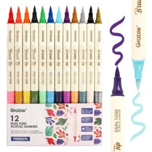 imageGrabie 24 Colors Paint Markers Acrylic Paint Pens with 12 DualColor Brush Tips Dual Tone Acrylic Markers for Rocks Acrylic Paint Markers for Art Supplies 24 Dual Tone Colors24 Dual Tone Colors