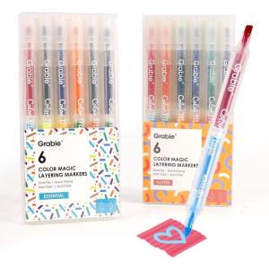 imageGrabie 24 Colors Magic Layering Markers12 Double Sided Color Changing Highlighter Pens4mm Chisel Tip ampamp 1mm Point Tip Dual Tip Magic Markers No Bleed Quick Drying2 Sets 6pcs Value Bundle