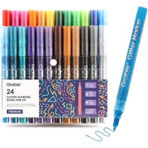 imageGrabie 24 Glitter Metallic Markers Extra Fine Tip Glitter Acrylic Paint Markers QuickDrying Waterbased Ink Iridescent Glitter Pens for Adults DIY Crafts Making Set of 24