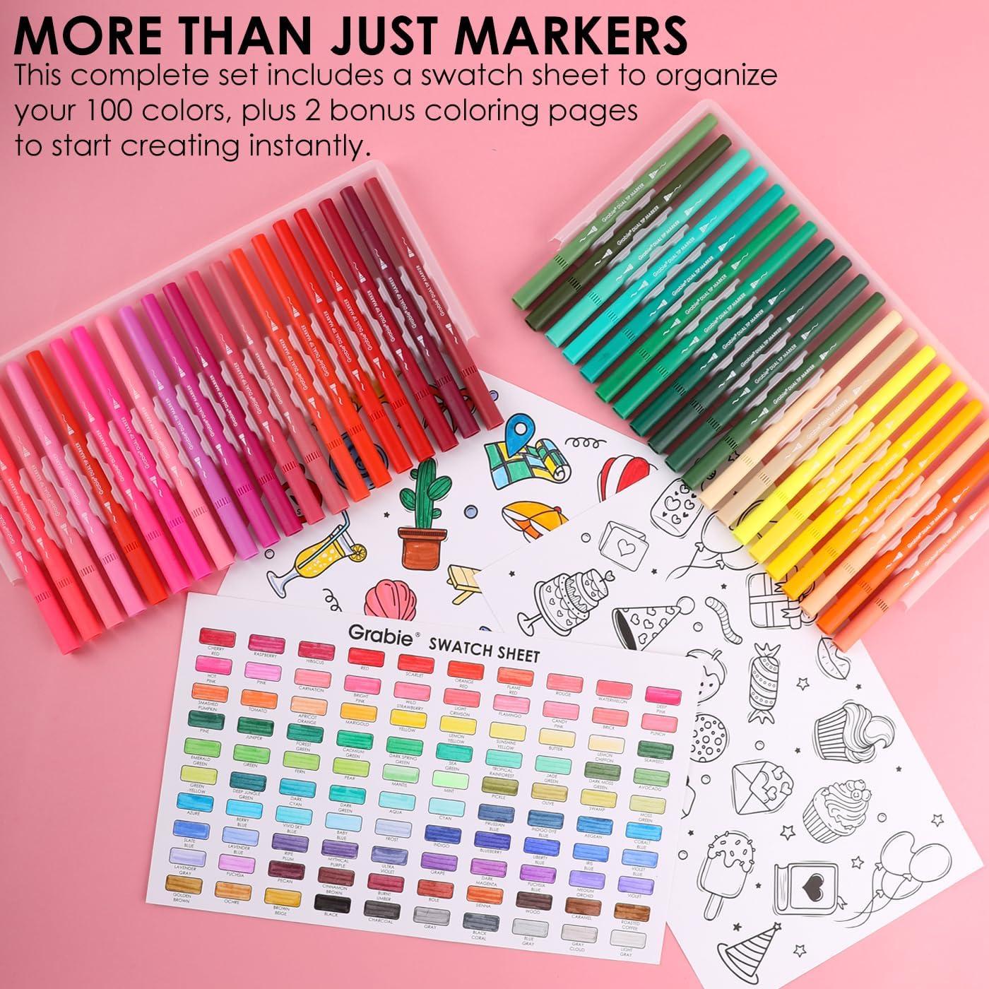 imageGrabie Dual Tip WaterBased Sketch Marker Set of 100 Fineliner ampamp Brush Drawing Pens Brush Marker Pens 100 Colored Markers for Adult Coloring Books No Bleeding Drawing Sketching100