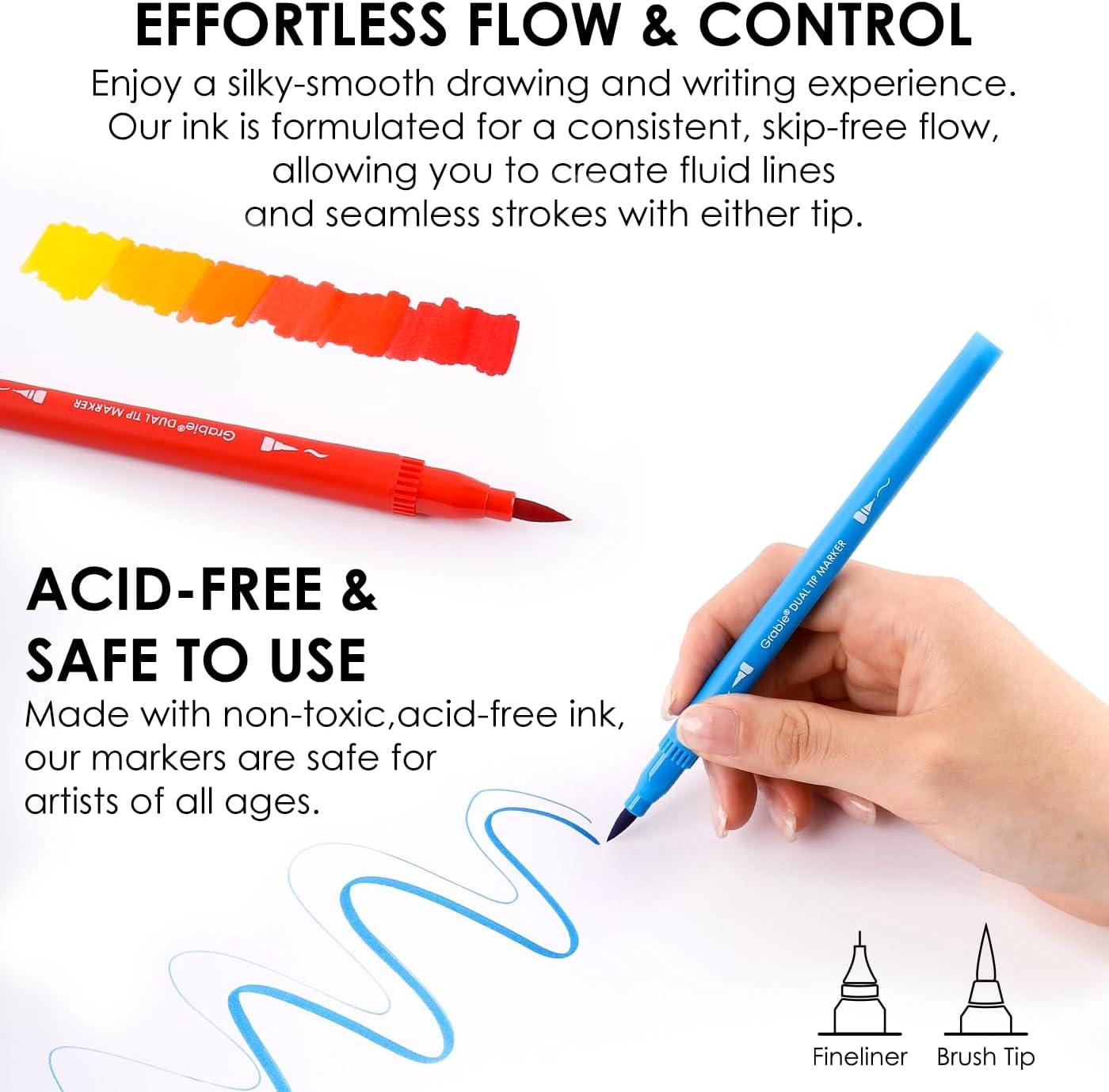 imageGrabie Dual Tip WaterBased Sketch Marker Set of 100 Fineliner ampamp Brush Drawing Pens Brush Marker Pens 100 Colored Markers for Adult Coloring Books No Bleeding Drawing Sketching100