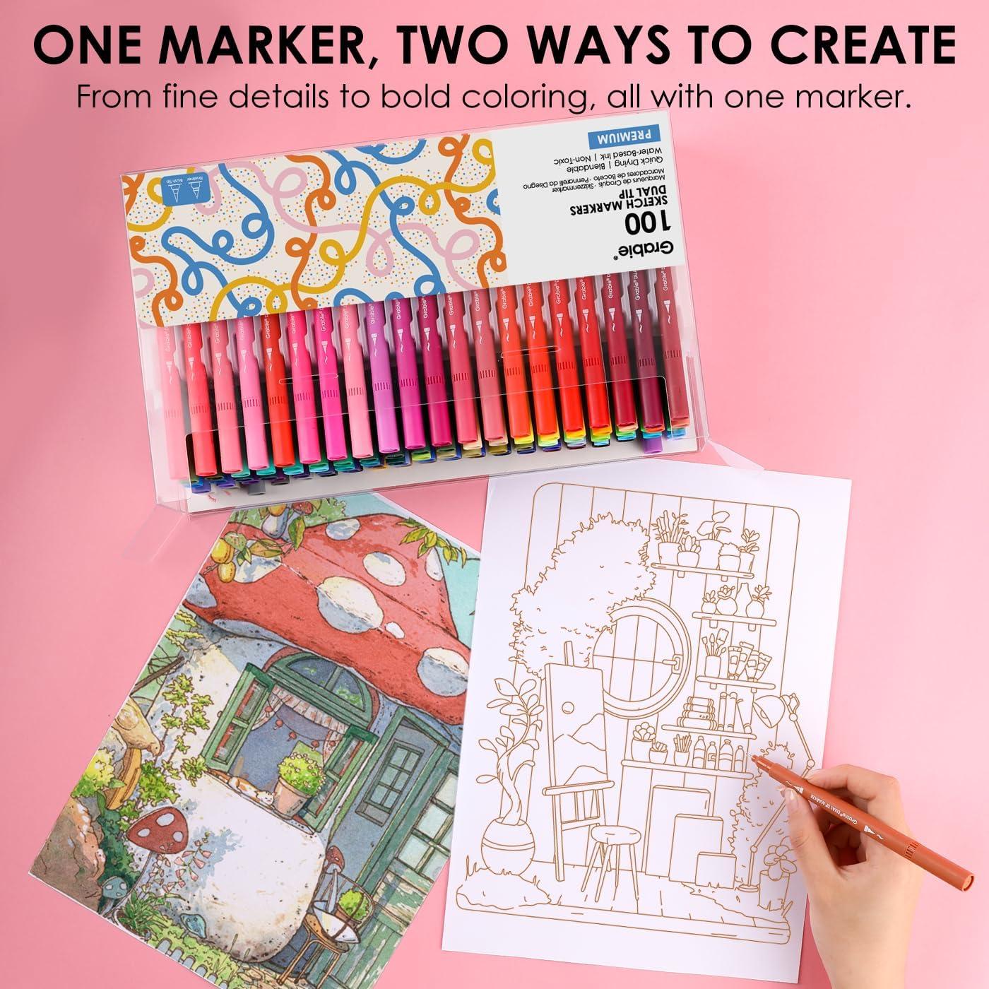 imageGrabie Dual Tip WaterBased Sketch Marker Set of 100 Fineliner ampamp Brush Drawing Pens Brush Marker Pens 100 Colored Markers for Adult Coloring Books No Bleeding Drawing Sketching100