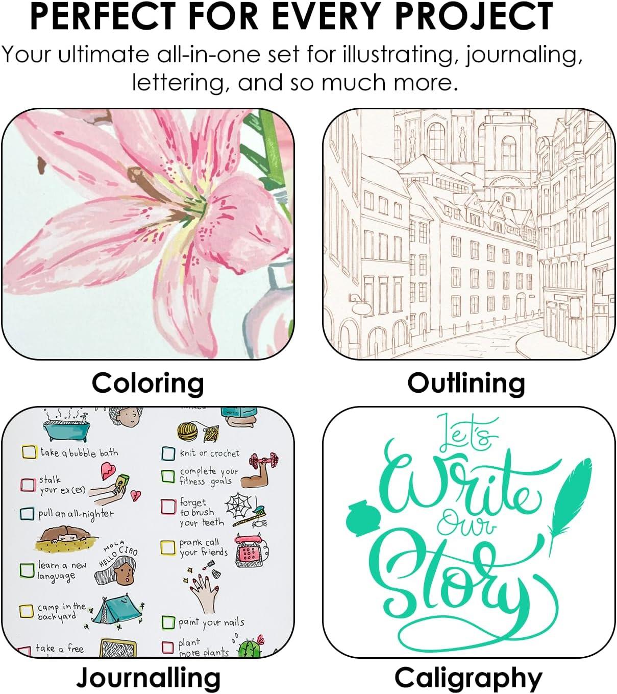 imageGrabie Dual Tip WaterBased Sketch Marker Set of 100 Fineliner ampamp Brush Drawing Pens Brush Marker Pens 100 Colored Markers for Adult Coloring Books No Bleeding Drawing Sketching100