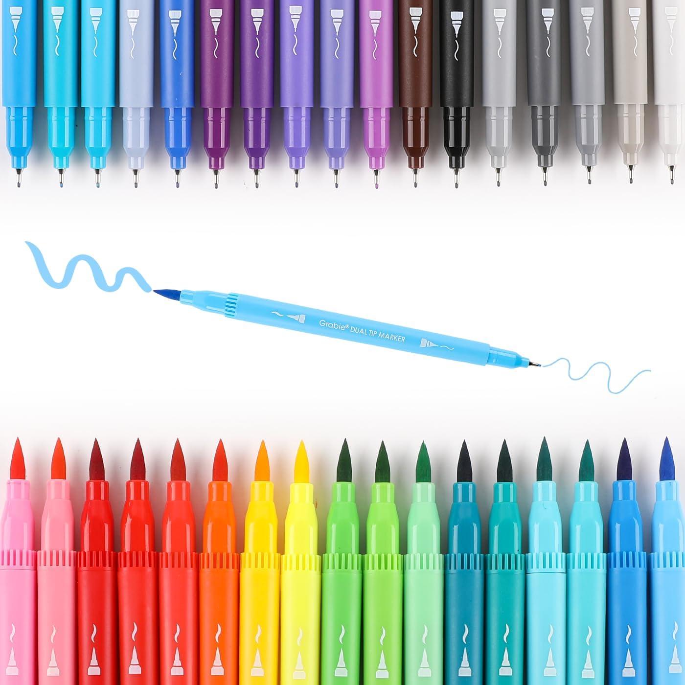 imageGrabie Dual Tip WaterBased Sketch Marker Set of 100 Fineliner ampamp Brush Drawing Pens Brush Marker Pens 100 Colored Markers for Adult Coloring Books No Bleeding Drawing Sketching100