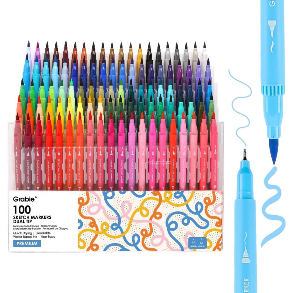 imageGrabie Dual Tip WaterBased Sketch Marker Set of 100 Fineliner ampamp Brush Drawing Pens Brush Marker Pens 100 Colored Markers for Adult Coloring Books No Bleeding Drawing Sketching100